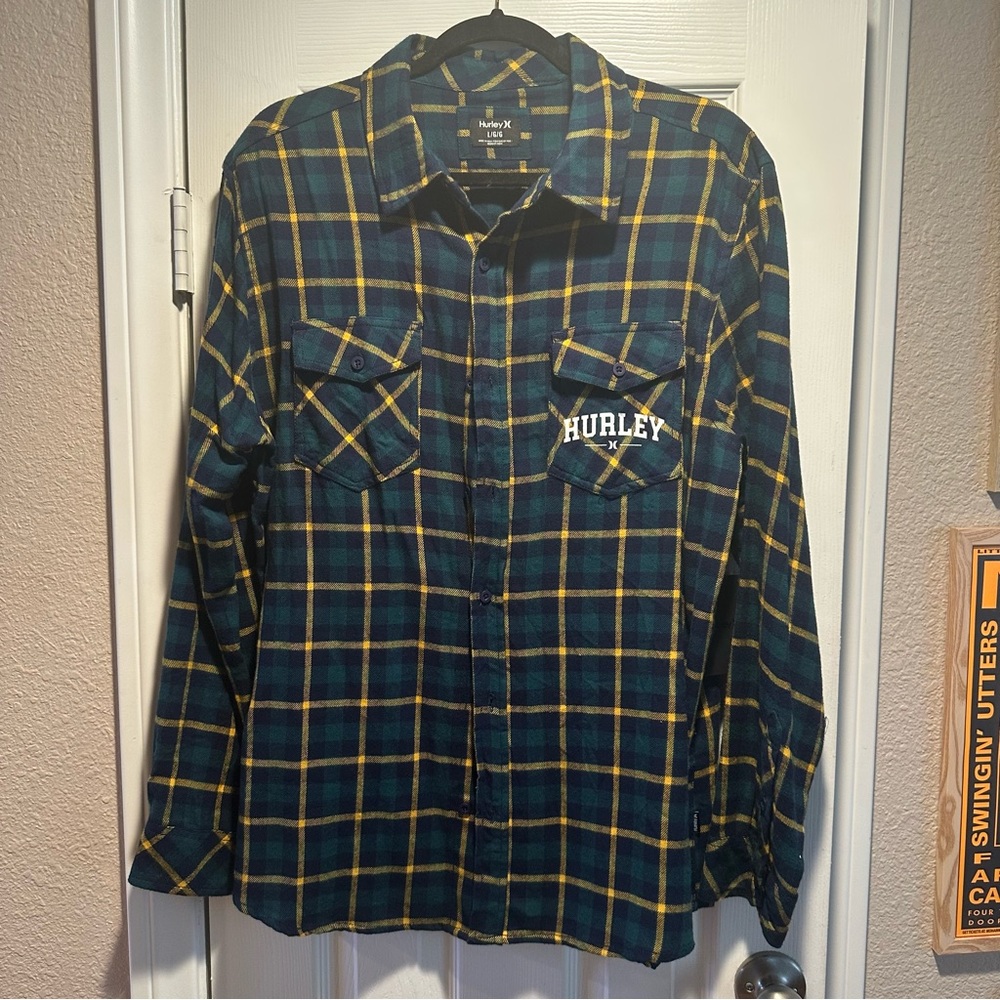 Hurley Blue and Yellow Plaid Flannel Shirt, NWT Size Large